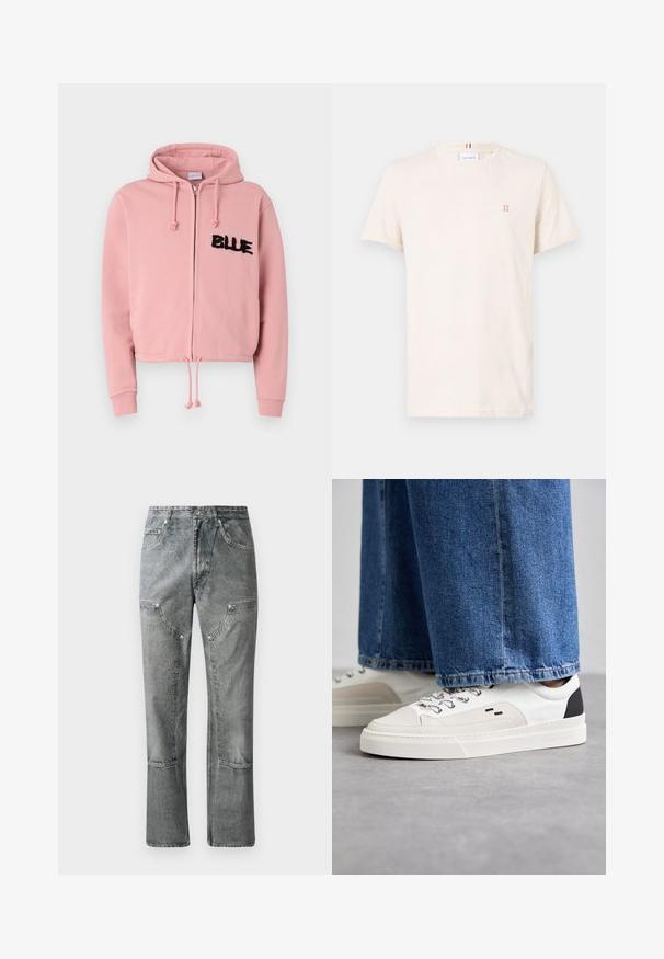 Φωτεινό ροζ cropped hoodie με μπροστινό φερμουάρ, κορδόνι και δύο μπροστινές τσέπες. Διαθέτει μαύρη φουντωτή επιγραφή "BLUE" και κρυστάλλους.; Κρεμ μπλούζα από βαμβάκι, με στρογγυλή λαιμόκοψη, κοντά μανίκια, που διαθέτει ένα μικρό πορτοκαλί λογότυπο "II" στο στήθος και μια πολύχρωμη ρίγα στη λαιμόκοψη.; Γκρι τζιν παντελόνι με ίσια γραμμή, που διαθέτει μπροστινές τσέπες, εμφανή ραφή και ξεθωριασμένο φινίρισμα. Το υλικό έχει λείο υφασμάτινο φινίρισμα.; Λευκά και μαύρα sneakers με λείο δερματικό επάνω μέρος, υφασμάτινες λεπτομέρειες και χοντρή λευκή σόλα. Διαθέτουν κλασικό σχέδιο με κορδόνια.