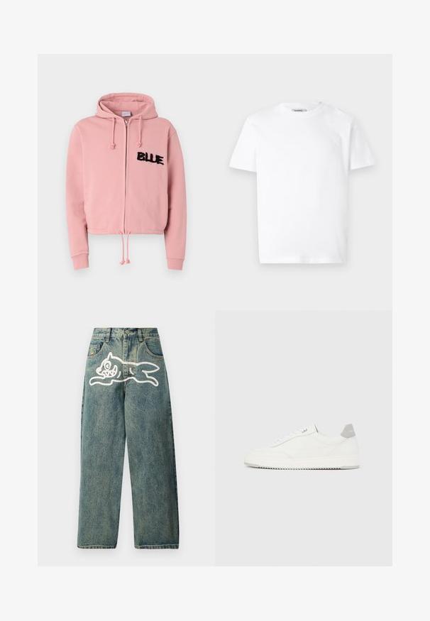 Φωτεινό ροζ cropped hoodie με μπροστινό φερμουάρ, κορδόνι και δύο μπροστινές τσέπες. Διαθέτει μαύρη φουντωτή επιγραφή "BLUE" και κρυστάλλους.; Λευκό βαμβακερό μπλουζάκι με στρογγυλή λαιμόκοψη και κοντά μανίκια. Διαθέτει ένα μικρό, ανάγλυφο λογότυπο στο αριστερό στήθος. Λείος υφασμάτινος ιστός.; Ανοιχτό μπλε τζιν παντελόνι με χαλαρή εφαρμογή, που διαθέτει μια μεγάλη γραφιστική απεικόνιση λευκής γάτας στο αριστερό πόδι και παραδοσιακό σχέδιο πέντε τσεπών.; Λευκό αθλητικό παπούτσι χαμηλού ύψους με γκρι ταμπ εφφέ στη φτέρνα, λευκά κορδόνια και υφή στη σόλα, απεικονιζόμενο σε απλό ανοιχτόχρωμο φόντο.