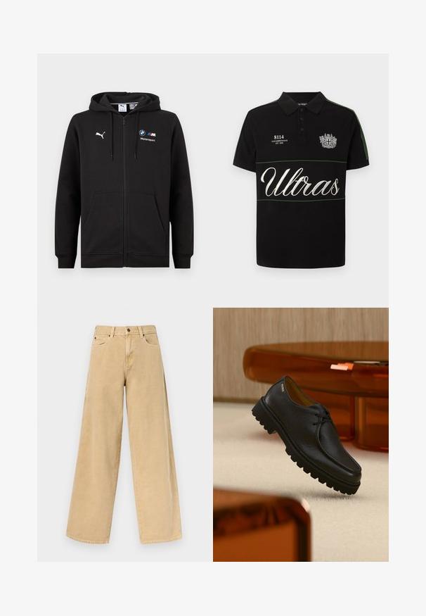 Sweat à capuche noir à fermeture éclair intégrale avec capuche et poches avant, présentant le logo Puma blanc et les logos BMW M Motorsport sur la poitrine.; Polo noir avec des rayures vertes sur les manches, texte brodé blanc "8114 HAN KJØBENHAVN EST 2008", emblème de blason, et grand texte "Ultras" sur la poitrine.; Jean beige taille haute à jambes larges avec bouton avant et fermeture éclair, passants pour ceinture et poches avant sur un fond uni.; Chaussure à lacets en cuir noir texturé avec une semelle épaisse à rainures, marquée "HUGO" près du talon, présentée sur un tapis beige et un mobilier ambre.