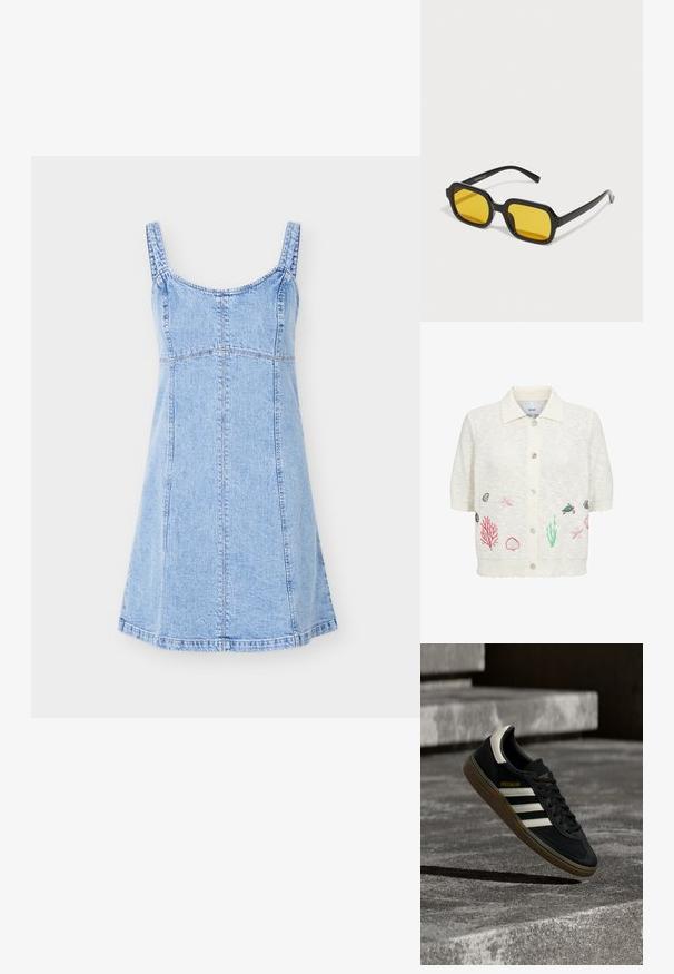 Cardigan blanc à manches courtes avec col et boutons sur le devant, avec des broderies représentant la vie marine, notamment étoiles de mer, coquillages, coraux et une tortue.; Robe sans manches en denim bleu clair avec encolure carrée et détails visibles de coutures verticales et horizontales, longueur au genou.; Baskets Adidas noires avec des bandes blanches et une semelle en gomme flottant au-dessus d'escaliers en béton gris sous une lumière naturelle.; Lunettes de soleil rectangulaires noires avec des verres jaunes. Les caractéristiques incluent des montures épaisses et un design anguleux avec une finition lisse et brillante.