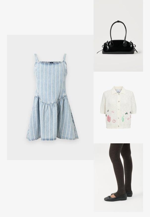Cardigan blanc à manches courtes avec col et boutons sur le devant, avec des broderies représentant la vie marine, notamment étoiles de mer, coquillages, coraux et une tortue.; Robe sans manches à rayures verticales bleues et blanches, avec encolure carrée et jupe évasée à taille froncée sur un fond clair.; Jambes portant des leggings côtelés foncés associés à des ballerines noires avec de petits détails en nœud sur fond blanc.; Petit sac à main noir brillant avec deux longues anses et des détails à cordon sur les côtés sur un fond clair uni.
