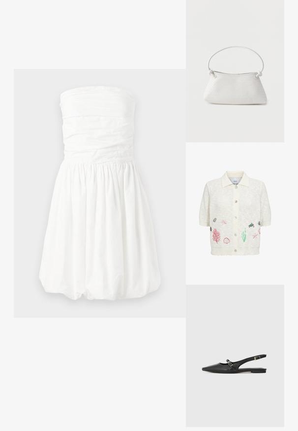 Cardigan blanc à manches courtes avec col et boutons sur le devant, avec des broderies représentant la vie marine, notamment étoiles de mer, coquillages, coraux et une tortue.; Robe blanche sans bretelles avec un buste froncé et une jupe plissée, présentant une texture lisse et un ourlet bouffant court.; Chaussures slingback en cuir noir avec un bout pointu, comprenant une lanière étroite et un accent de boucle argentée sur le côté. Semelle plate.; Sac à main en cuir tressé blanc avec poignée arrondie et extrémités de lanière nouées, présenté sur un fond uni.