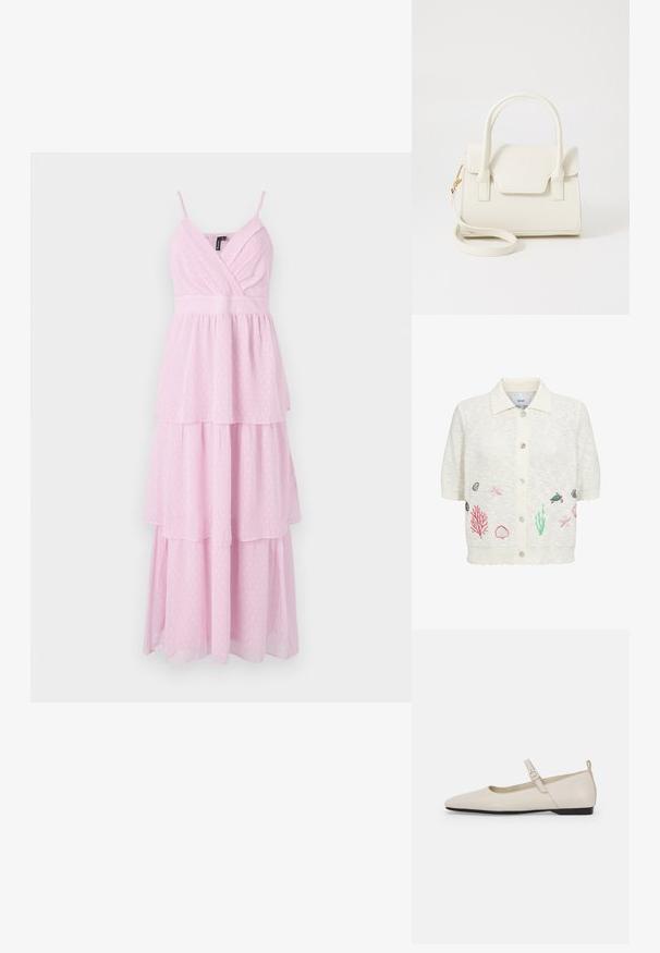 Cardigan blanc à manches courtes avec col et boutons sur le devant, avec des broderies représentant la vie marine, notamment étoiles de mer, coquillages, coraux et une tortue.; Robe maxi rose à volants avec des bretelles spaghetti, présentant un buste enveloppant et un motif à pois dans un tissu léger et texturé.; Ballerines en cuir blanc avec bout pointu, bride à la cheville et petit talon noir. Texture lisse avec des accents minimaux.; Petit sac à main blanc avec doubles poignées, rabat avant et bandoulière amovible avec boucle dorée sur fond blanc uni.