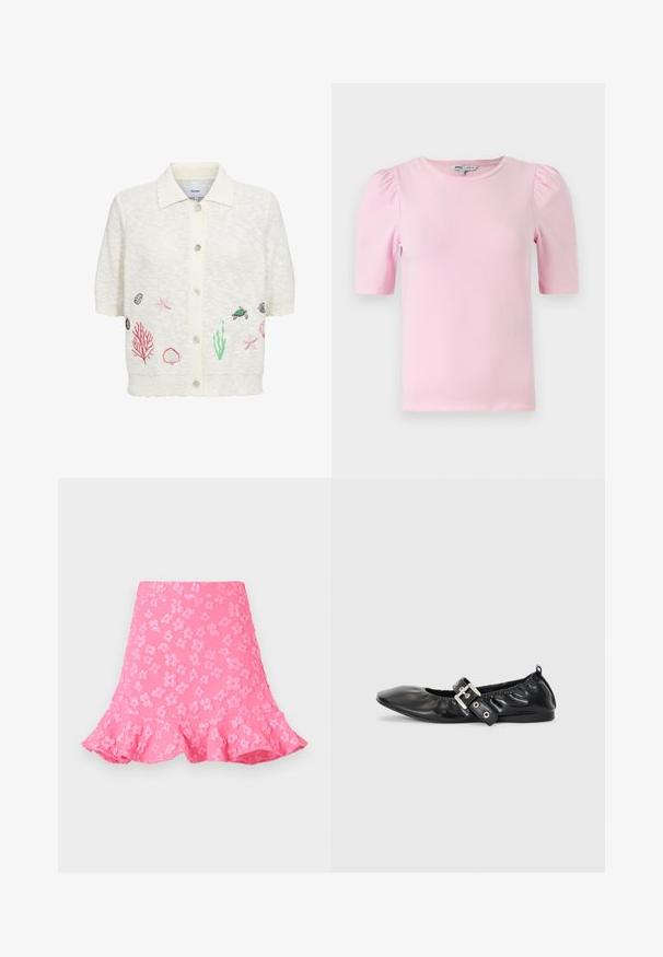 Cardigan blanc à manches courtes avec col et boutons sur le devant, avec des broderies représentant la vie marine, notamment étoiles de mer, coquillages, coraux et une tortue.; T-shirt rose clair à manches courtes en tissu doux. Dispose d'un col rond classique et de manches bouffantes froncées pour plus de texture.; Jupe évasée rose avec des motifs floraux embossés, un ourlet festonné et une texture lisse. Longueur au-dessus du genou avec une taille ajustée.; Chaussure plate en cuir noir avec un nez pointu, des détails froncés autour de l'ouverture et un accent en boucle argentée sur la bride ajustable.