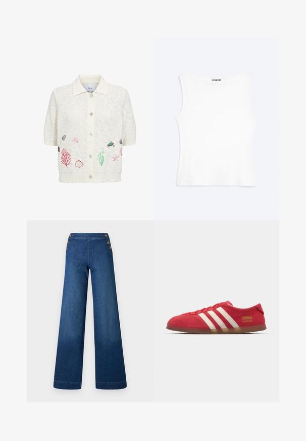 Cardigan blanc à manches courtes avec col et boutons sur le devant, avec des broderies représentant la vie marine, notamment étoiles de mer, coquillages, coraux et une tortue.; Débardeur blanc ajusté sans manches avec un col rond et un design minimaliste, étiqueté "WEEKDAY" à l'intérieur du col.; Pantalon en denim bleu foncé à jambes larges. Il présente un devant plat avec cinq boutons dorés pour la fermeture. Texture lisse avec une finition classique.; Baskets en daim rouge avec un design à trois rayures blanches, semelle plate et détail logo doré. Design bas avec bout arrondi et fermeture à lacets.