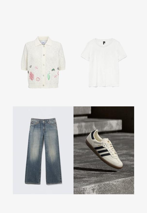 Cardigan blanc à manches courtes avec col et boutons sur le devant, avec des broderies représentant la vie marine, notamment étoiles de mer, coquillages, coraux et une tortue.; T-shirt blanc à manches courtes avec un col rond, fabriqué en tissu léger. Design simple, texture lisse et ourlet droit.; Jean large bleu clair en denim. Zones délavées sur les cuisses et les genoux. Taille standard avec cinq poches et accents métalliques.; Baskets blanches Adidas Samba avec des bandes noires et une semelle en gomme, flottant au-dessus de marches en béton gris texturé.