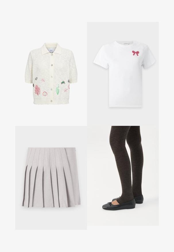 Cardigan blanc à manches courtes avec col et boutons sur le devant, avec des broderies représentant la vie marine, notamment étoiles de mer, coquillages, coraux et une tortue.; T-shirt blanc à manches courtes avec une petite décoration de nœud en perles roses sur la partie supérieure gauche de la poitrine.; Jupe plissée grise au toucher lisse, dotée de multiples plis verticaux et d'une taille ajustée. Fabriquée en tissu léger.; Jambes portant des leggings côtelés foncés associés à des ballerines noires avec de petits détails en nœud sur fond blanc.