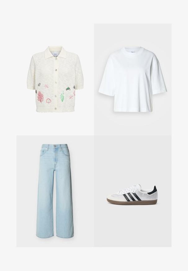 Cardigan blanc à manches courtes avec col et boutons sur le devant, avec des broderies représentant la vie marine, notamment étoiles de mer, coquillages, coraux et une tortue.; T-shirt blanc court à manches courtes, col rond, en coton doux, avec un design simple et épuré.; Jean bleu clair à jambes larges avec une fermeture avant à boutons et zip, des passants de ceinture, et un design classique à cinq poches.; Baskets en mesh blanc avec des rayures noires, un embout en daim beige et un accent sur le talon, semelle en caoutchouc texturée, et lacets blancs. Design classique à tige basse.