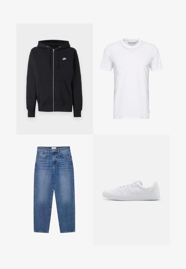 Zwarte Nike hoodie met rits, voorzakken, capuchon met trekkoord en klein wit Nike-logo op de linkerborst.; Witte korte mouwen t-shirt van katoen, met een ronde hals en een eenvoudig ontwerp. Merktag zichtbaar op het nekgebied. Geen patronen of accenten.; Blauwe denim jeans met een hoge taille, rechte pijpen en een vervaagde afwerking. Beschikt over vijf zakken en een knoopsluiting.; Witte canvas sneakers met een rubberen zool, voorzien van zes oogjes, een gestructureerde neuskap en een minimalistisch ontwerp.