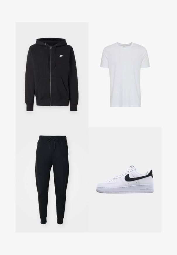 Čierna Nike mikina na zips s prednými vreckami, kapucňou so šnúrkami a malým bielym logom Nike na ľavej strane hrude.; Jednoduché biele tričko s krátkym rukávom a okrúhlym výstrihom, vystavené na bielom pozadí, s malým štítkom na krku zobrazujúcim značku „Solid“.; Čierne tepláky vyrobené z mäkkej tkaniny, s elastickým pásom, zúženými nohavicami a bočnými vreckami s elegantným dizajnom.; Biele kožené tenisky s textúrovaným čiernym Swooshom, plochými šnúrkami a gumovou podrážkou s ryhovaným vzorom. Na päte je embosovaný nápis "AIR".