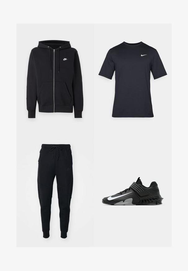 Sort Nike hættetrøje med lynlås, forlommer, snøre i hætten og lille hvid Nike-logo på venstre bryst.; Sort kortærmet Nike t-shirt lavet af glat stof, med et hvidt swoosh-logo på øverste venstre side, rund halsudskæring.; Sorte joggere lavet af blødt stof, med snoretræk i taljen, smalle ben og sidelommer med et elegant design.; Sorte sportsko med et strømlinet design, der har et fremtrædende hvidt Nike-logo, teksturerede overflader og en karakteristisk støbt sål.
