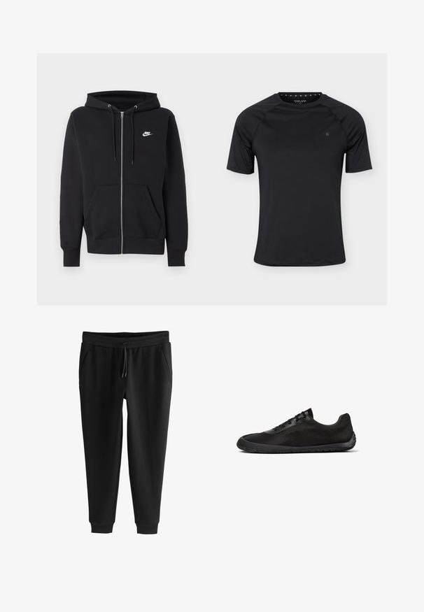Sudadera negra con cremallera Nike, con bolsillos delanteros, capucha con cordón y pequeño logo blanco de Nike en el pecho izquierdo.; Camiseta deportiva negra de manga corta con cuello redondo y pequeño logo en el pecho izquierdo, mostrada sobre un fondo liso y claro.; Pantalones deportivos negros con perneras estrechas, cintura elástica, cordón, bolsillos laterales y puños en los tobillos, colocados planos sobre fondo blanco.; Zapatilla negra de perfil bajo con parte superior de malla, cierre de cordones y suela de goma flexible, vista lateral sobre fondo blanco.