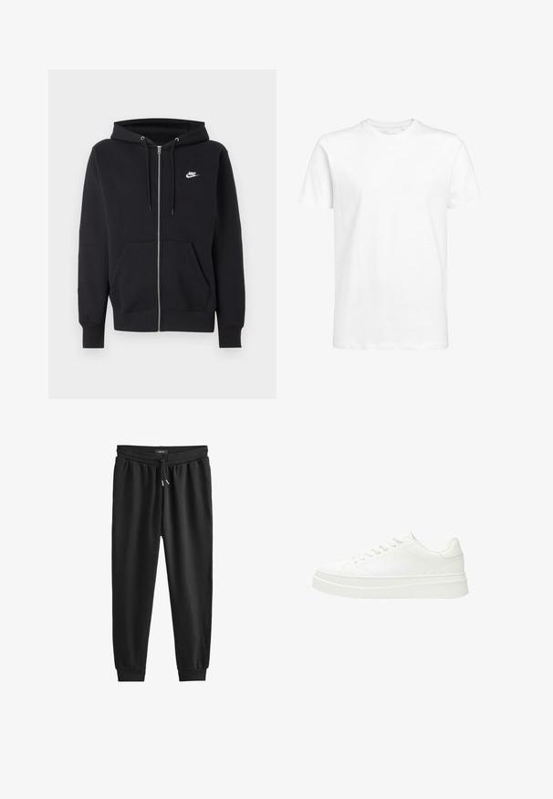 Sort Nike hættetrøje med lynlås, forlommer, snøre i hætten og lille hvid Nike-logo på venstre bryst.; Hvid kortærmet t-shirt lavet af bomuld med en rund halsudskæring og en standard pasform. Enkel design, ingen mønstre eller synlige detaljer.; Sorte sweatpants lavet af blødt stof, med en elastisk talje med snøre, tætsiddende ben og ribbede manchetter ved anklerne.; Hvid sneaker med en glat læderoverdel, flade snørebånd og en tyk gummisål. Minimalistisk design med diskret syning og glatte detaljer.