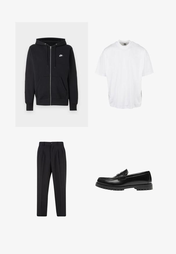 Zwarte Nike hoodie met rits, voorzakken, capuchon met trekkoord en klein wit Nike-logo op de linkerborst.; Witte katoenen t-shirt met een relaxte pasvorm, korte mouwen en een ronde halslijn, met een rechte zoom en geen zichtbare grafische afbeeldingen of patronen.; Zwarte op maat gemaakte broek met voorplooien, riemlussen en een knoopsluiting in de taille.; Zwarte leren loafer met een dikke rubberen zool en klassieke penny-strap details, gezien vanaf de buitenkant.
