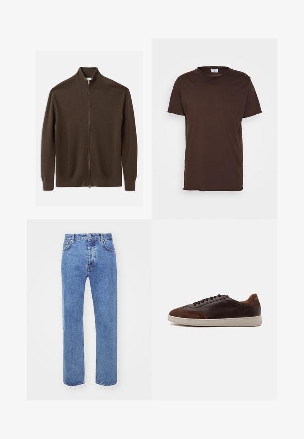 CLOSED ZIPPED CARDIGAN - Ζακέτα - espresso brown; Filippa K ROLL NECK TEE - Βασικό μπλουζάκι - dark choco; Won Hundred STEVE - Τζιν χαλαρής εφαρμογής - cut blue; Χαμηλά καφέ δερμάτινα και σουέντ αθλητικά παπούτσια με σκούρα καφέ κορδόνια και λευκή λαστιχένια σόλα, εμφανιζόμενα από την εξωτερική πλευρά.
