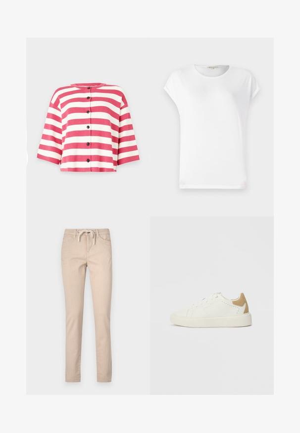 Cárdigan de manga corta con rayas horizontales rosas y blancas, con un escote redondo y cinco botones negros en la parte delantera.; Camiseta blanca de manga corta con escote redondeado, textura suave y un diseño sencillo. Líneas limpias con un ajuste relajado.; Pantalones de algodón de rayas beige con cintura ajustable, piernas estrechas y dos bolsillos delanteros. Textura suave, diseño casual.; Zapatilla baja blanca con parche de ante beige en el talón, cierre de cordones y detalles perforados en los laterales, mostrada desde el lado exterior.