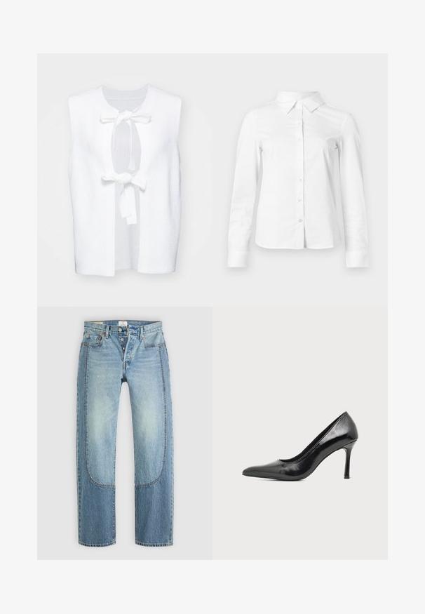 Débardeur sans manches blanc avec un tissu texturé, présentant un col rond et une fermeture par nœud à l'avant. Design simple et épuré avec des côtés ouverts.; Chemise blanche à manches longues avec boutons, col pointu, ourlet droit et silhouette ajustée, présentée sur un fond clair uni.; Jean en denim bleu clair avec une coupe droite et ample, présentant des détails de panneaux contrastants et un design à cinq poches. Fermeture à bouton.; Chaussure à talon haut pour femme en cuir verni noir avec bout pointu et talon fin sur fond clair uni.