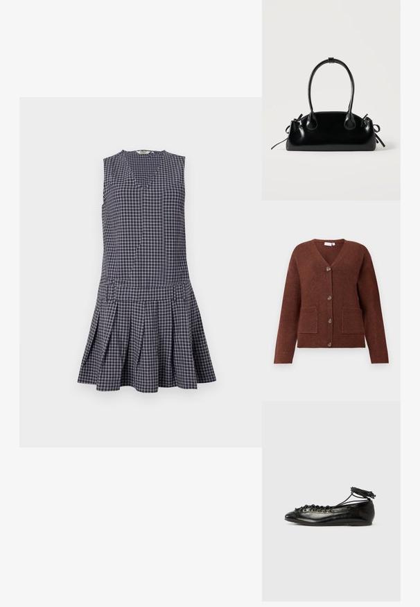 Cardigan en tricot marron avec un col en V, fermeture à boutons sur le devant et deux poches avant. Présente des poignets et un ourlet côtelés.; Robe à carreaux bleu marine avec un décolleté en V, sans manches, jupe plissée et taille structurée. Fabriquée en tissu léger.; Ballerines en cuir verni noir avec un bout rond, un design à lacets et une semelle plate. Texture lisse avec peu de détails.; Petit sac à main noir brillant avec deux longues anses et des détails à cordon sur les côtés sur un fond clair uni.