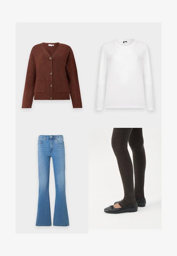 Cardigan en tricot marron avec un col en V, fermeture à boutons sur le devant et deux poches avant. Présente des poignets et un ourlet côtelés.; Chemise blanche à manches longues à col rond, posée à plat avec les étiquettes de col visibles sur un fond gris clair.; Jean évasé en denim bleu clair avec une taille mi-haute, doté de poches avant et d'une fermeture à boutons. Texture lisse et design classique à cinq poches.; Jambes portant des leggings côtelés foncés associés à des ballerines noires avec de petits détails en nœud sur fond blanc.