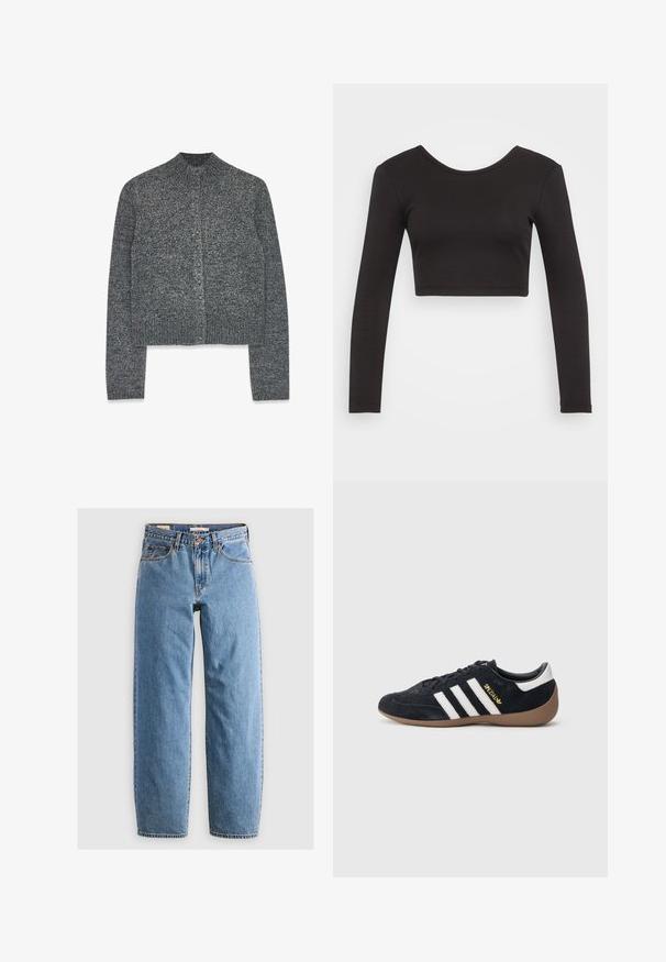 Harmaan neulecardigan, jossa on korkea kaulus, ribattu hihansuu ja suora leikkaus. Siinä on teksturoitu pinta ja nappikiinnitys edessä.; Mustavöinen ribattu pitkähihainen crop-top, jossa on pyöreä pääntie ja tiukka muotoilu, pehmeä rakenne eikä näkyvää metalliosaa.; Vaaleansiniset farkut, joissa on suora lahkeen muotoilu, viisi taskua, vetoketjuhaitari ja hienovarainen haalistunut pinta. Klassinen tyyli, jossa on vähän metalliosia.; Musta mokkanahkainen tennari, jossa on kolme valkoista raitaa, kumipohja ja pieni kultainen logo sivulla. Siinä on sileä musta sisävuori.