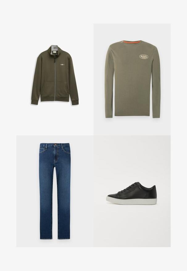 Sweatshirt zippé vert olive, en tissu doux. Col montant, deux poches avant, poignets côtelés, avec un petit logo blanc sur la poitrine.; Chemise à manches longues olive avec un petit logo blanc "Von Dutch California" sur la poitrine, à gauche.; Jean denim bleu foncé droit avec cinq poches, fermeture par bouton et surpiqûres contrastantes.; Baskets en cuir noir avec un bout rond, semelle plate en caoutchouc blanc et lacets à six œillets. Texture lisse, style minimaliste.