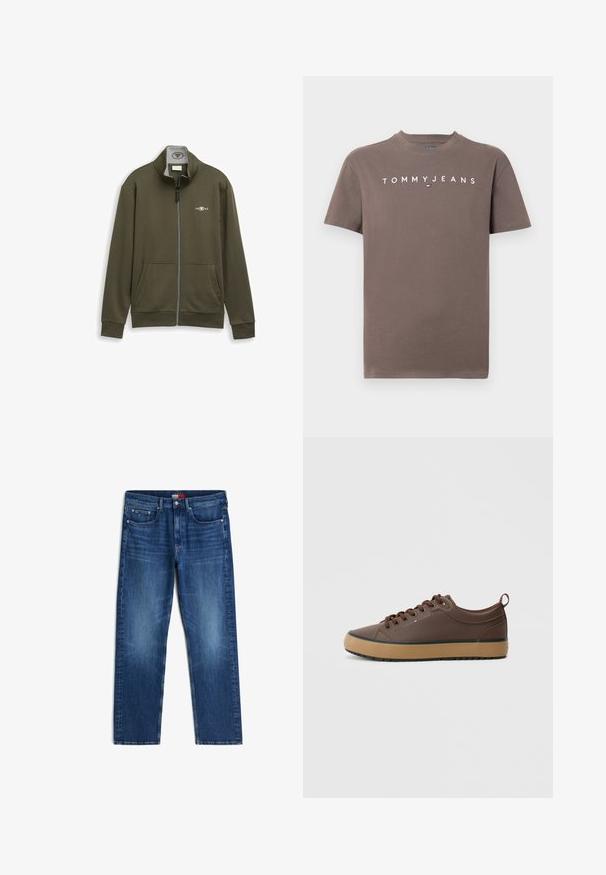 Sweatshirt zippé vert olive, en tissu doux. Col montant, deux poches avant, poignets côtelés, avec un petit logo blanc sur la poitrine.; T-shirt marron à manches courtes en coton avec le logo "TOMMY JEANS" blanc sur la poitrine, col rond et coupe standard.; Jean en denim bleu avec cinq poches, légère décoloration au niveau des cuisses et fermeture à bouton et zip à la taille.; Baskets synthétiques marron avec un profil bas, bout rond, semelle en caoutchouc et semelle extérieure contrastante beige. Elles sont équipées de lacets marron et d'un détail de marque.
