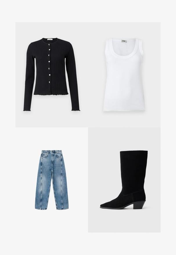 Schwarzer gerippter Langarm-Cardigan mit Rundhalsausschnitt, der sechs weiße Knöpfe und einen gewellten Saum an den Ärmeln und am Boden aufweist.; Weißes geripptes ärmelloses Tanktop mit Rundhalsausschnitt und Markenlabel am hinteren Kragen, dargestellt vor einem schlichten weißen Hintergrund.; Hellblaue Denim-Jeans haben eine lockere Passform, große Taschen und kontrastierende Nähte. Der Stoff hat eine ausgeblichene Optik mit einer glatten Textur.; Schwarze Wildleder Stiefelette mit spitzer Zehe, mittelhohem Schaft und einem chunky Absatz. Verfügt über minimale Nähte und eine glatte Textur.
