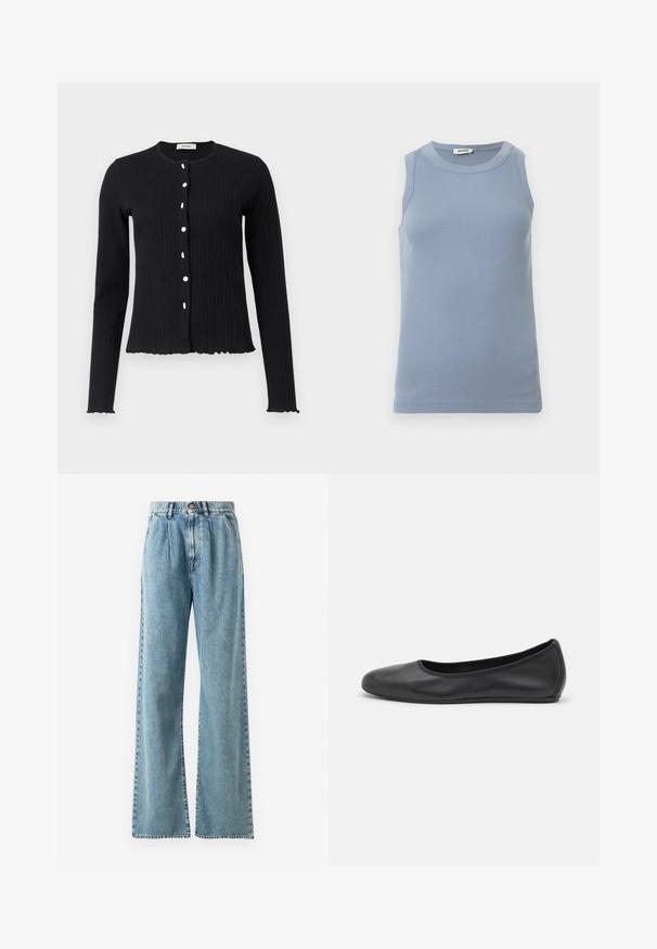 Cárdigan negro de punto con mangas largas y cuello redondo, que cuenta con seis botones blancos y un dobladillo con forma de festón en los puños y la parte inferior.; Top azul sin mangas con textura acanalada, escote redondo y diseño ajustado. La tela parece suave y ligera.; Vaqueros de pierna ancha de cintura alta en azul claro, hechos de mezclilla, con cierre de botón, pliegues prominentes y bolsillos cosidos.; Bailarina de piel negra con punta redondeada, textura suave, detalle de costura minimalista y diseño de suela flexible.