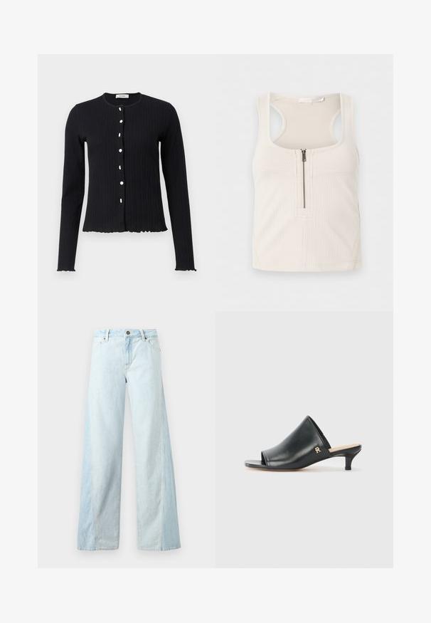 Zwarte geribbelde lange mouwen cardigan met een ronde halslijn, voorzien van zes witte knopen en een gegolfde zoom bij de manchetten en onderkant.; Roomwit geribd tanktop met voorrits en brede schouderbanden, gemaakt van rekbare stof.; Lichtblauwe wijduitlopende spijkerbroek met knoopsluiting aan de voorkant, ritssluiting en steekzakken, weergegeven tegen een effen achtergrond.; Zwarte leren open teen muiltjes met een lage hak. Heeft een glad oppervlak en een gouden logo accent aan de zijkant.