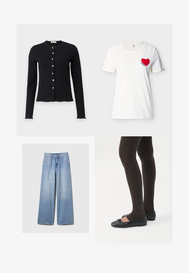 Cárdigan negro de punto con mangas largas y cuello redondo, que cuenta con seis botones blancos y un dobladillo con forma de festón en los puños y la parte inferior.; Camiseta blanca de manga corta con cuello redondo, con un corazón rojo y la palabra "AMOUR" en el lado izquierdo del pecho.; Jeans de mezclilla de pierna ancha en azul claro con bolsillos frontales, pasadores para cinturón y cierre de botón y cremallera.; Piernas con leggings oscuros acanalados combinados con bailarinas negras que presentan pequeños detalles de lazo sobre un fondo blanco.