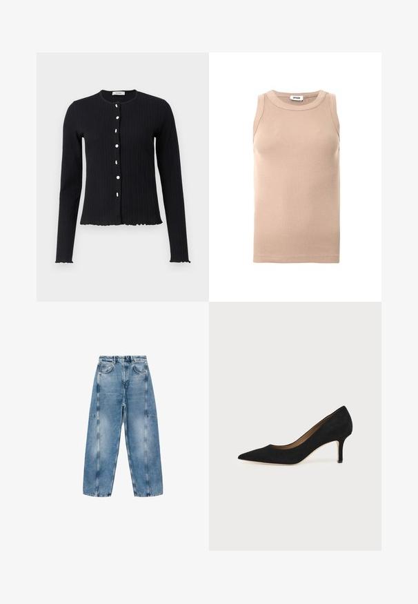 Cárdigan negro de punto con mangas largas y cuello redondo, que cuenta con seis botones blancos y un dobladillo con forma de festón en los puños y la parte inferior.; Top sin mangas beige con textura acanalada, escote redondo y ligera elasticidad. Textura suave sin herrajes visibles ni patrones.; Los pantalones vaqueros de denim azul claro tienen un ajuste relajado, grandes bolsillos y costuras en contraste. La tela tiene un acabado desgastado con una textura suave.; Salón de ante negro con punta puntiaguda, tacón de aguja delgado de altura media y diseño de corte bajo sobre un fondo liso.