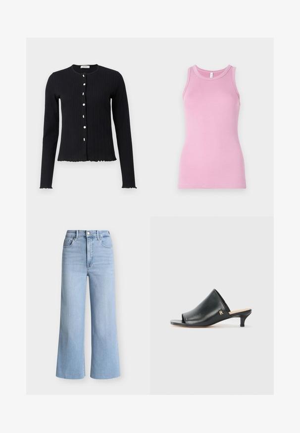 Sort ribbet langærmet cardigan med rund halsudskæring, der har seks hvide knapper og en bølget kant ved ærmerne og i bunden.; Rosa tanktop med en tætsiddende design, der har en rund halsudskæring og ribbet tekstur. Ingen mønstre eller accenter til stede.; Lyseblå jeans med høj talje og vide ben, med knapper og lynlås foran, bæltestropper, for- og baglommer samt rå kantede kanter.; Sorte læder open-toe mules med en lav hæl. Har en glat overflade og et guld logo-prim på siden.