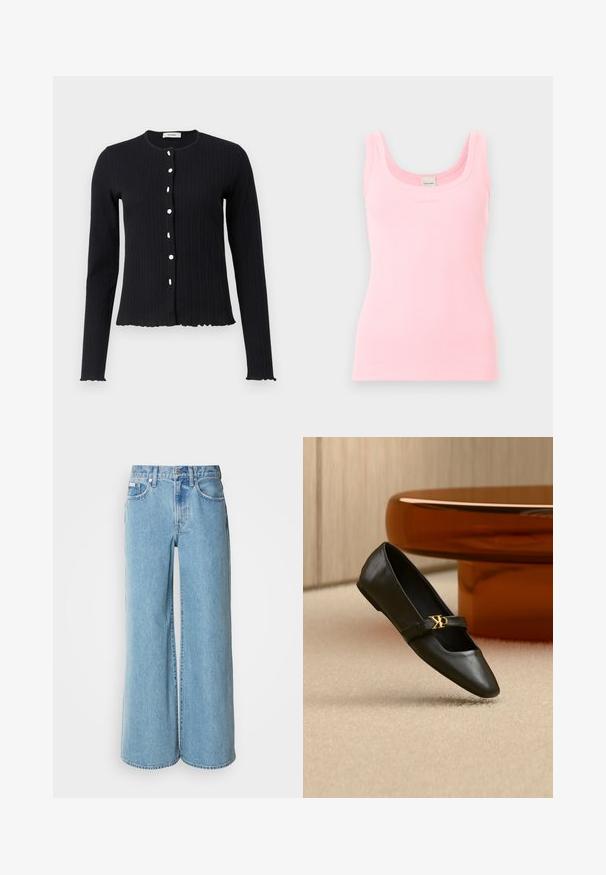 Zwarte geribbelde lange mouwen cardigan met een ronde halslijn, voorzien van zes witte knopen en een gegolfde zoom bij de manchetten en onderkant.; Lichtroze geribd mouwloos tanktopje met een scooplijnhals en een Calvin Klein-label aan de achterzijde van de binnenkraag.; Lichtblauwe wijde jeans van denim, met een hoge taille, vijf pockets en subtiele vervaging langs de stof.; Zwarte leren platte schoen met puntige neus en gouden CK-logo op het bandje, geplaatst op een beige tapijt bij een ronde amberbruine tafel.