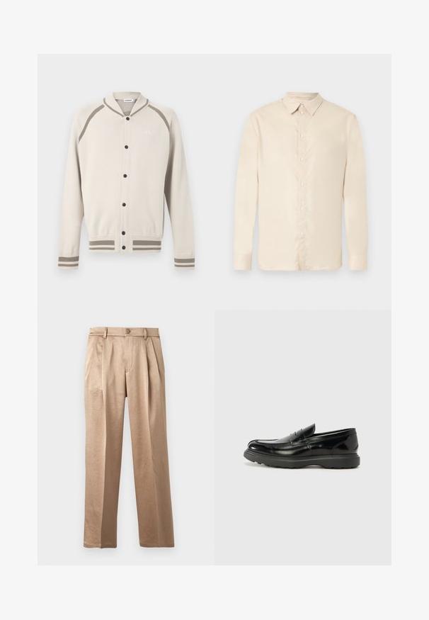 Cardigan boutonné crème avec des rayures taupe sur les poignets, l'ourlet et les épaules, présentant un petit logo brodé sur la poitrine.; Chemise beige à manches longues avec boutons et col, présentée sur un fond blanc.; Pantalon beige à coupe décontractée avec plis, fermeture par bouton et passants pour ceinture. Confectionné en tissu léger, avec une texture lisse et des jambes droites.; Mocassin en cuir noir avec une finition brillante, bout arrondi, détails de couture subtils et semelle en caoutchouc épaisse pour la durabilité.