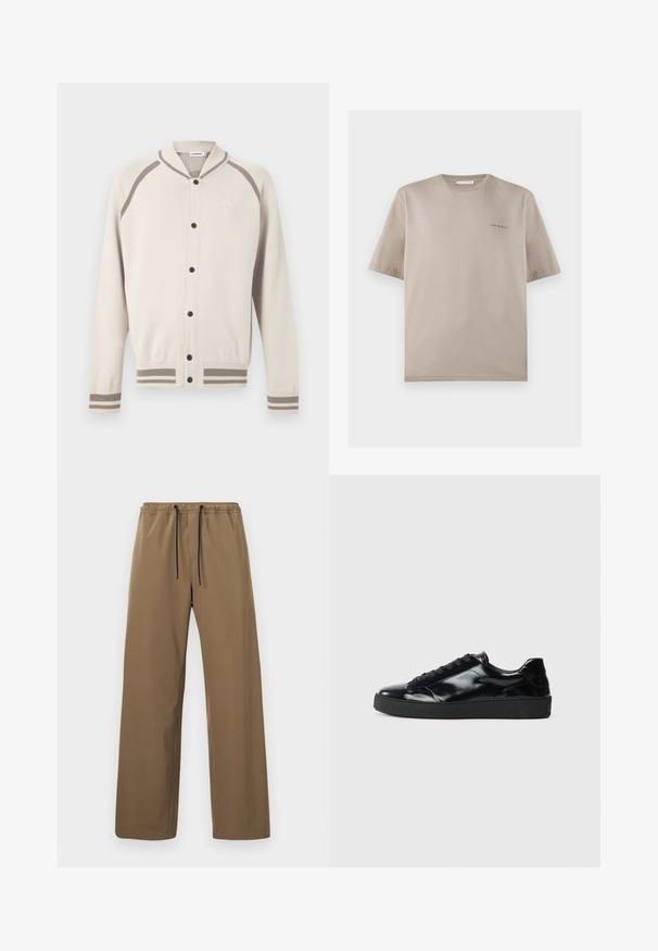 Cardigan boutonné crème avec des rayures taupe sur les poignets, l'ourlet et les épaules, présentant un petit logo brodé sur la poitrine.; T-shirt beige à manches courtes et col rond avec petit logo « Tiger of Sweden » sur la poitrine gauche, présenté sur fond blanc.; Pantalon marron à coupe droite avec taille élastique et cordons noirs, présenté sur un fond clair uni.; Baskets en cuir verni noir avec un bout arrondi, un laçage, une semelle en caoutchouc texturé et une finition lisse.