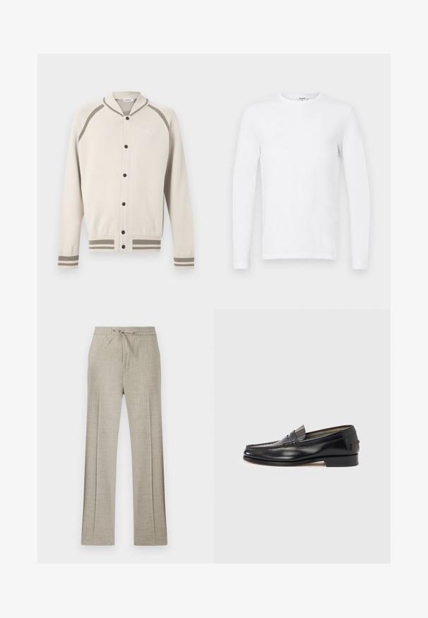 Cardigan boutonné crème avec des rayures taupe sur les poignets, l'ourlet et les épaules, présentant un petit logo brodé sur la poitrine.; T-shirt à manches longues, unisexe, blanche à col rond, présenté sur un fond plat, gris clair.; Pantalon beige en mélange de lin avec fines rayures blanches discrètes, taille à cordon et jambes droites.; Mocassins en cuir noir avec un design de style mocassin, présentant une bande décorative et un détail de couture sur le dessus. Talon bloc bas.