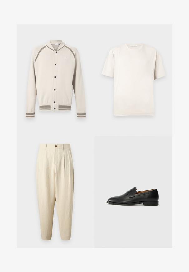 Cardigan boutonné crème avec des rayures taupe sur les poignets, l'ourlet et les épaules, présentant un petit logo brodé sur la poitrine.; T-shirt beige uni à manches courtes avec col rond, posé à plat sur un fond clair, sans motifs ni graphismes visibles.; Pantalon beige taille haute fuselé avec plis, passants de ceinture, bouton frontale et fermeture éclair sur un fond uni.; Mocassin en cuir noir avec un bout arrondi, des coutures subtiles et un talon bas, présentant une texture lisse et un design minimaliste.