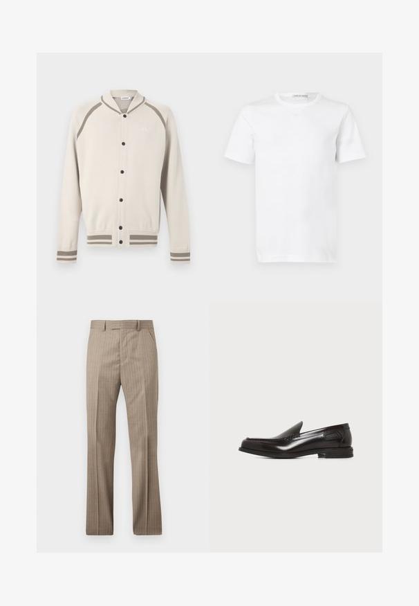 Cardigan boutonné crème avec des rayures taupe sur les poignets, l'ourlet et les épaules, présentant un petit logo brodé sur la poitrine.; T-shirt blanc uni à manches courtes et col rond, avec une étiquette "Tiger of Sweden" à l'intérieur du col, présenté sur un fond blanc.; Pantalon beige pour homme, tailleur, avec de fines rayures verticales, passants pour ceinture et fermeture à glissière à l'avant.; Mocassin pour homme en cuir noir, sans lacets, avec petit talon et coutures décoratives à l'avant et sur les côtés, sur fond blanc.