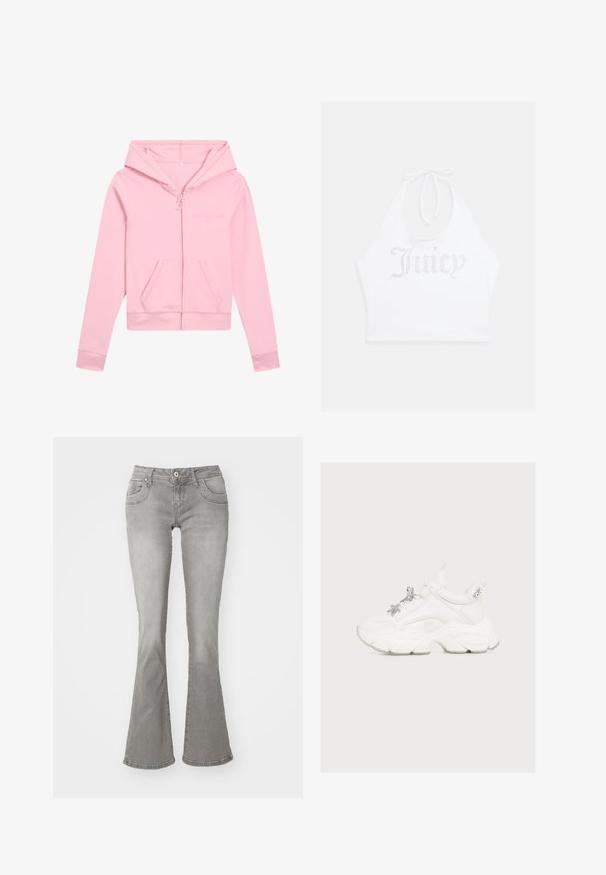 Lichtroze ritsvest gemaakt van een gladde stof met een aansluitende pasvorm, voorzakken en een capuchon met trekkoord en subtiele branding.; Witte haltertop gemaakt van zachte stof, met rhinestone tekst "Juicy" op de voorkant. Te strikken bij de nek voor een verstelbare pasvorm.; Grijze flared jeans met een middelhoge taille, voorkzakken en een knoopsluiting, gemaakt van denim stof met een gladde structuur.; Witte chunky sneaker met dikke zool en decoratieve zilveren ster en kralen op de veters, zijaanzicht tegen een effen achtergrond.