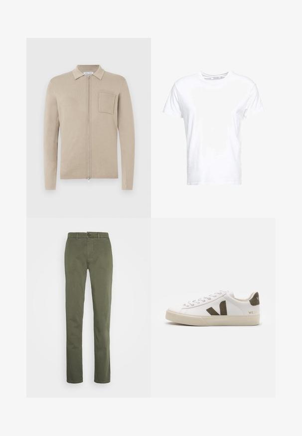 Cardigan beige zippé avec manches longues, col et poche frontale. Fabriqué en matériau tricoté doux, avec une texture lisse et un design minimaliste.; T-shirt en coton blanc avec un col rond et des manches courtes, au fit classique et à la texture lisse. Aucun motif ni accessoire visible.; Pantalon coupe droite vert olive avec fermeture par bouton et zip, passants de ceinture et devant épuré sans poches visibles.; Baskets en cuir blanc avec une semelle en caoutchouc beige clair. Présentent un logo en V en daim marron et une languette de talon. Fermeture à lacets avec une surface texturée.
