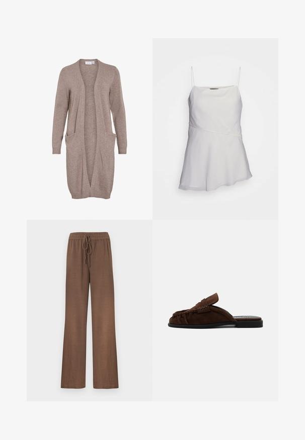 Lange, open voorkant cardigan in zacht beige breiwerk. Heeft twee voorzakken, geribbelde manchetten en een ontspannen pasvorm. Lichtgewicht, gestructureerde stof.; Witte, mouwloze top met dunne banden, een relaxte pasvorm en een asymmetrisch ontwerp. Gemaakt van een zachte, lichte stof.; Bruine, lichte linnenbroek met een ontspannen pasvorm, voorzien van een taille met trekkoord en wijde pijpen. Gladde textuur, geen zichtbare patronen of accenten.; Bruine suède slip-on loafer mule met geplooide details en platte zwarte zool, zijaanzicht op witte achtergrond.