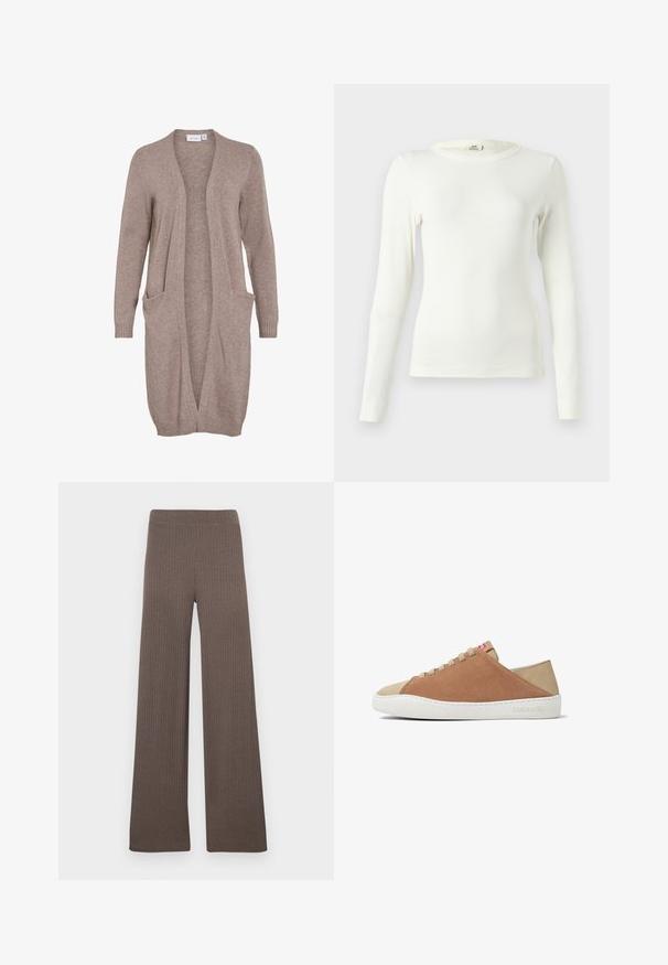 Long gilet ouvert en tricot beige doux. Il présente deux poches avant, des poignets côtelés et une coupe décontractée. Tissu léger et texturé.; Haut blanc à manches longues en tissu côtelé, avec un col rond et une coupe ajustée. Poignets sans coutures aux manches.; Pantalon large à côtes de couleur marron foncé, doté d'une taille élastique et d'un tissu doux et texturé.; Baskets en daim marron avec un capuchon beige, lacets plats et un panneau arrière texturé. Elles disposent d'une semelle en caoutchouc blanc et d'un logo embossé.