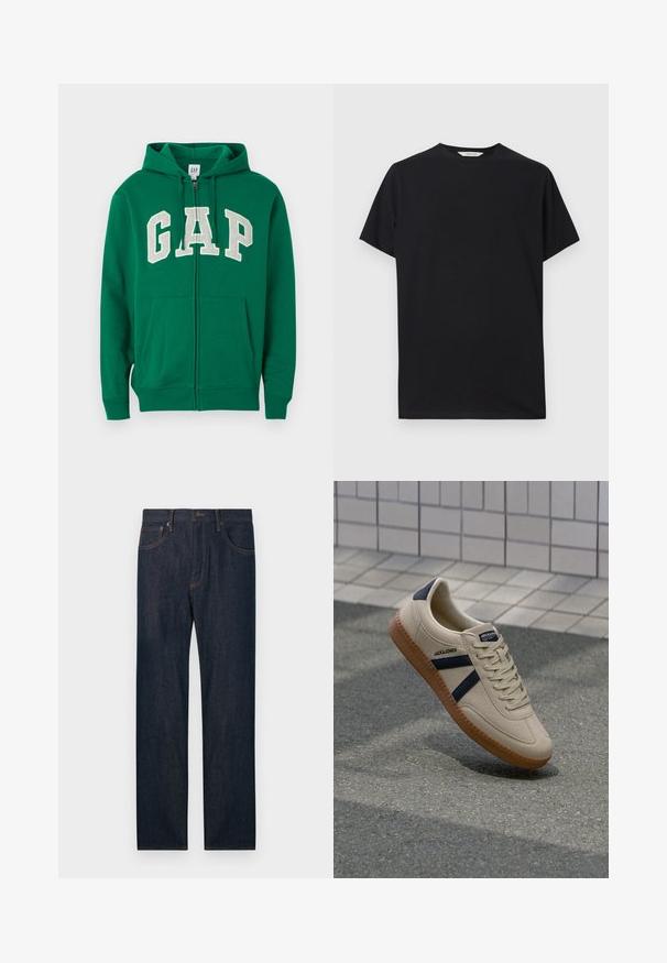 Sweat à capuche vert avec fermeture éclair, en coton, doté d'une capuche à cordon, de poches sur le devant, et portant le logo "GAP" en grandes lettres blanches sur la poitrine.; T-shirt noir à manches courtes en tissu de coton doux. Col rond avec une coupe décontractée, présentant des lignes épurées et simples sans motifs visibles.; Jean en denim bleu foncé à jambes droites avec poches avant et arrière, un bouton et des passants pour ceinture.; Baskets beiges avec une finition texturée, bandes navy et semelle en caoutchouc. Équipées d'une languette rembourrée et d'un système de laçage traditionnel pour un maintien sécurisé.
