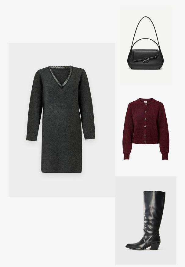 Cárdigan de lana burdeos con cuello redondo y seis botones negros en el frente, con mangas largas y puños y dobladillo acanalados.; Vestido de punto de manga larga gris oscuro con escote en V, que presenta un delicado borde de encaje en el cuello.; Bota de cuero negra hasta la rodilla con punta afilada, tacón angular y textura suave. Presenta un sutil acento de costura a lo largo del costado.; Bolso de cuero negro con bordes redondeados, solapa asimétrica, cierre circular de metal y correas de hombro cortas y largas.