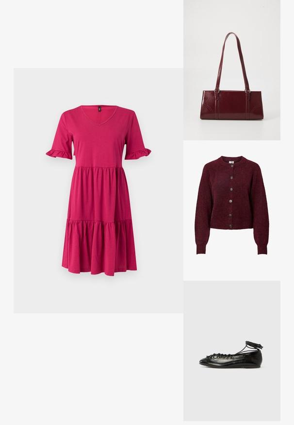 Bordeauxfarbener Wollcardigan mit Rundhalsausschnitt und sechs schwarzen Knöpfen auf der Vorderseite. Er verfügt über lange Ärmel sowie rippengestrickte Bündchen und Saum.; Pinkes knielanges Kleid mit V-Ausschnitt, kurzen Rüschenärmeln und gestuftem, gerafftem Rock auf hellem Hintergrund.; Schwarze Ballerinas aus Lackleder mit runder Spitze, Schnürdesign und flacher Sohle. Glatte Textur mit minimaler Verzierung.; Burgunderfarbene Handtasche aus glänzendem Material, rechteckige Form, mit zwei Schulterriemen und subtilen, geschwungenen Akzenten an der Vorderseite.