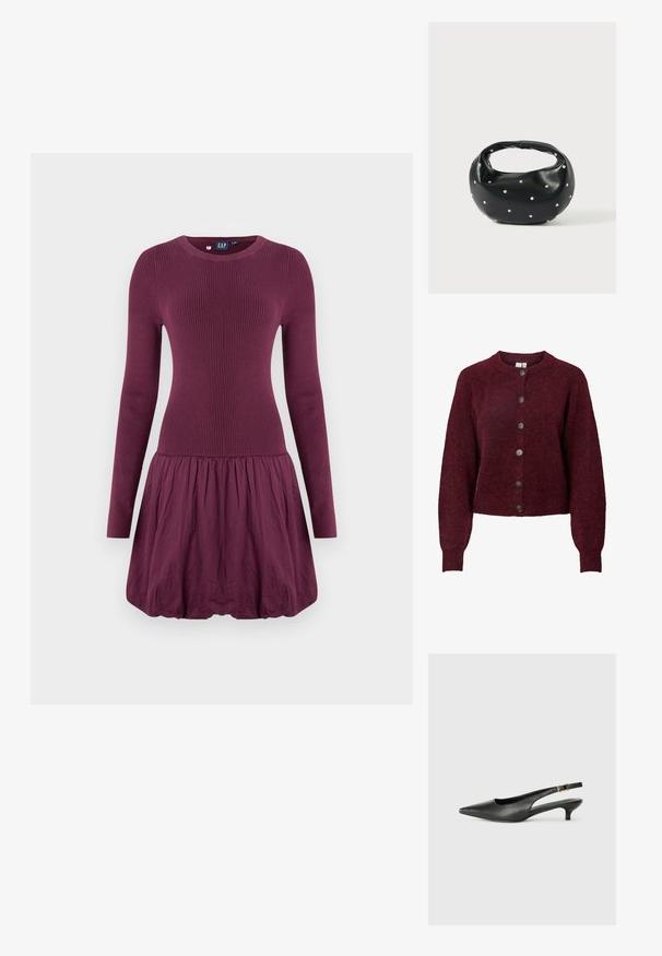 Bordeaux wollen cardigan met ronde hals en zes zwarte knopen aan de voorkant, met lange mouwen en geribde manchetten en onderrand.; Paarse jurk met een geribbelde lijfje, lange mouwen en een geplooide rok. De stof oogt glad en heeft een lichte textuur.; Zwarte puntschoen met slingback van soepel leer. Kenmerkt zich door een dunne hak en een gespdetail op de verstelbare band.; Zwarte leren handtas met een afgeronde vorm, versierd met zilveren studs, en een korte handgreep. Gladde textuur en ritsluiting.