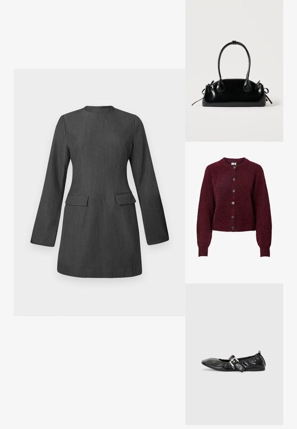 Bordeauxfarbener Wollcardigan mit Rundhalsausschnitt und sechs schwarzen Knöpfen auf der Vorderseite. Er verfügt über lange Ärmel sowie rippengestrickte Bündchen und Saum.; Graues, tailliertes Kleid mit langen Ärmeln, Rundhalsausschnitt und zwei vorderen Taschen. Hergestellt aus strukturiertem Stoff und zeichnet sich durch ein elegantes, strukturiertes Design aus.; Schwarze Leder-Ballerinas mit spitzem Zehenbereich, gerafften Details am Schaft und einem silbernen Schnallenakzent am verstellbaren Riemen.; Kleine schwarze glänzende Handtasche mit zwei langen Griffen und seitlichen Kordelzug-Details vor einfachem hellem Hintergrund.
