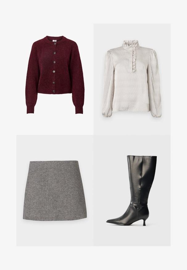 Bordeauxfarbener Wollcardigan mit Rundhalsausschnitt und sechs schwarzen Knöpfen auf der Vorderseite. Er verfügt über lange Ärmel sowie rippengestrickte Bündchen und Saum.; Langärmlige cremefarbene Bluse mit dünnen schwarzen vertikalen Streifen, gerafftem Stehkragen und Rüschen-Detail entlang des teilweisen Knopfleiste vorne.; Rock mit Fischgrätenmuster aus grauem Stoff, mit figurbetonter Silhouette, glatter Textur und einem sauberen, geraden Saum.; Schwarzer kniehoher Lederstiefel mit spitzer Zehenpartie und niedrigem Kittenabsatz, präsentiert vor einem schlichten hellen Hintergrund.