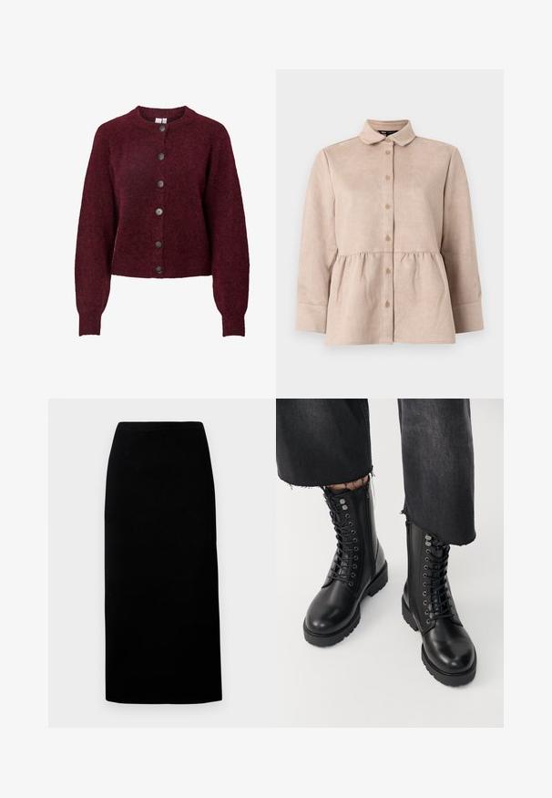 Burgunderrød uld cardigan med rund hals og seks sorte knapper ned foran, med lange ærmer samt ribbede manchetter og kant.; Beige ruskindskjorte med krave, knaplukning foran og peplum talje. Har lange ærmer og en glat tekstur med små knapper.; Sort midiskørt lavet af blødt stof, med lige snit og elastisk talje, med en glat tekstur og uden synlige mønstre eller detaljer.; Sorte ankelstøvler med en glat læderfinish, snørebånd foran og lynlås i siden. Tykke såler og detaljerede øjer tilføjer tekstur.
