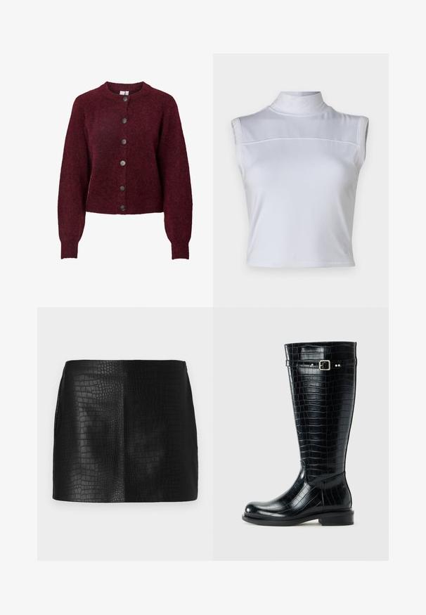 Burgunderrød uld cardigan med rund hals og seks sorte knapper ned foran, med lange ærmer samt ribbede manchetter og kant.; Hvid ærmeløs top med høj hals, glat tekstur og cropped design. Har en vandret søm tværs over brystet.; Sort faux læder mini nederdel med et struktureret krokodillemønster, der har en glat overflade og skræddersyet pasform uden synlig hardware.; Sorte knæhøje støvler med krokodille-tekstur, rund tå, lav blokhæll og en sølvfarvet spænde-strop nær toppen.